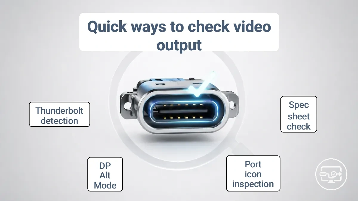 Annotated example showing USB-C port markings and a spec line used to confirm video output support.