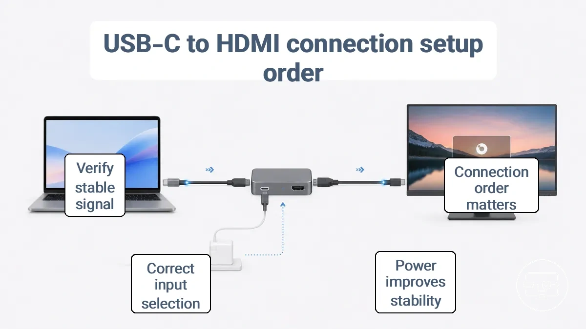 Step-by-step visual showing USB-C device connected through an adapter/hub to HDMI display with power and input selection checkpoints.