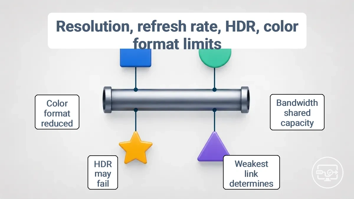 Diagram showing how resolution, refresh rate, HDR, and color format limits depend on bandwidth in the USB-C to HDMI chain.