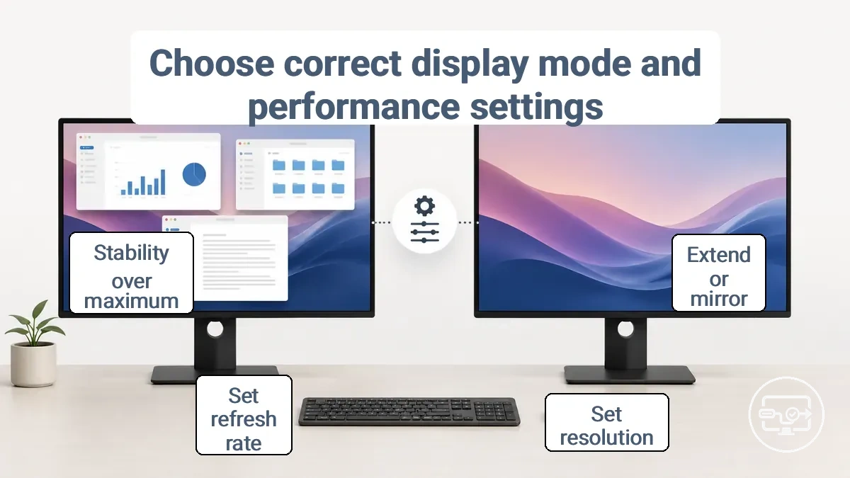 USB-C to HDMI display mode comparison showing mirror versus extend and where resolution/refresh settings affect stability.