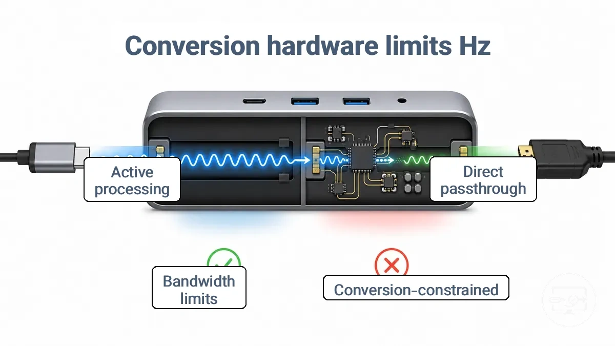 Diagram comparing direct passthrough and conversion-constrained signal paths in USB-C hubs and adapters
