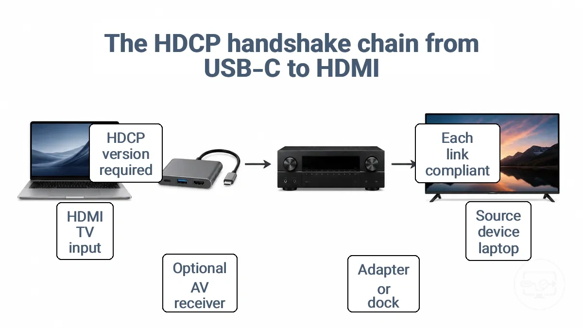 Diagram labeling HDCP handshake path across USB-C device, adapter/dock, optional intermediary, and HDMI display input.