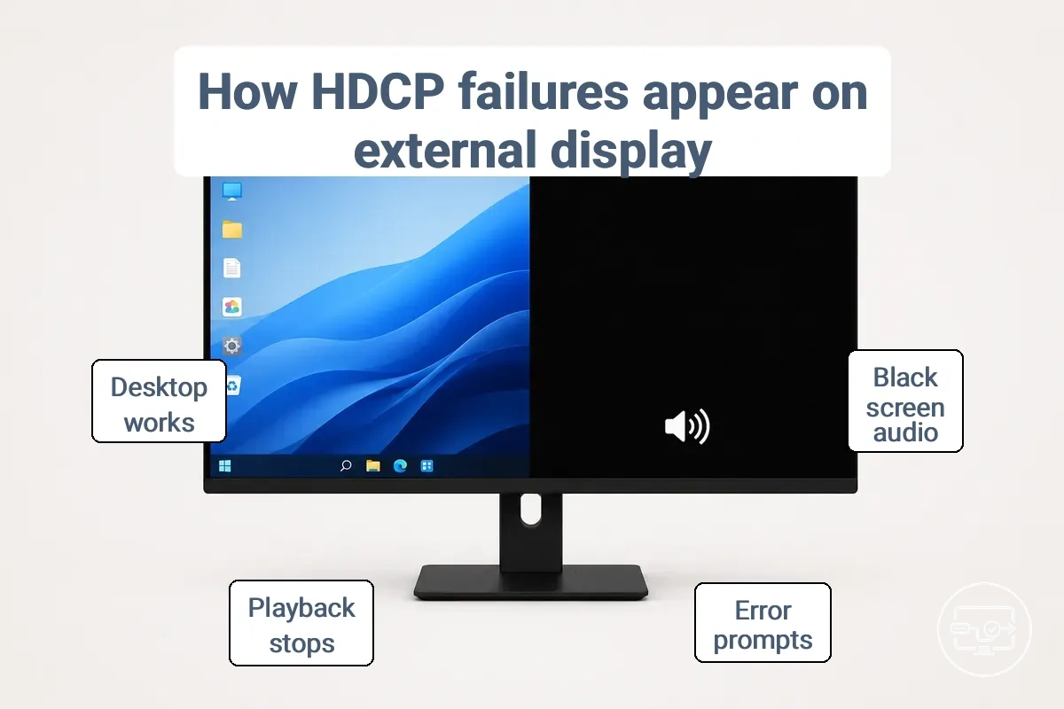 Diagram comparing HDCP block indicators vs no signal indicators on external display