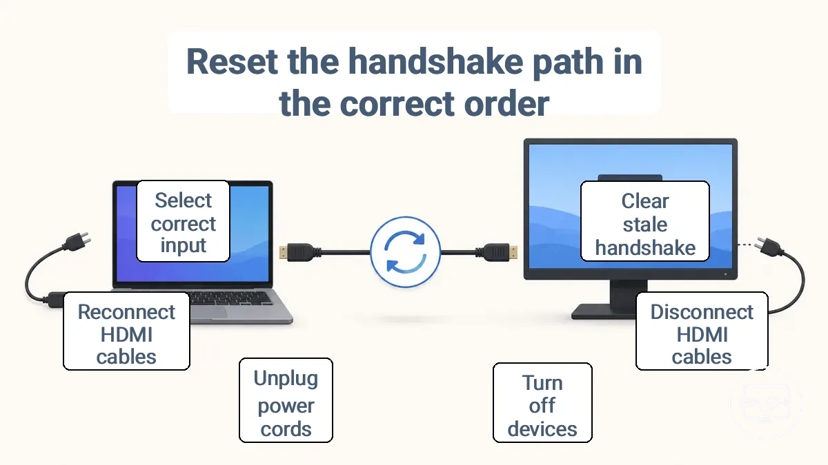 Illustration showing the correct order: disconnect cables, turn off devices, unplug power, reconnect cables, select input on display