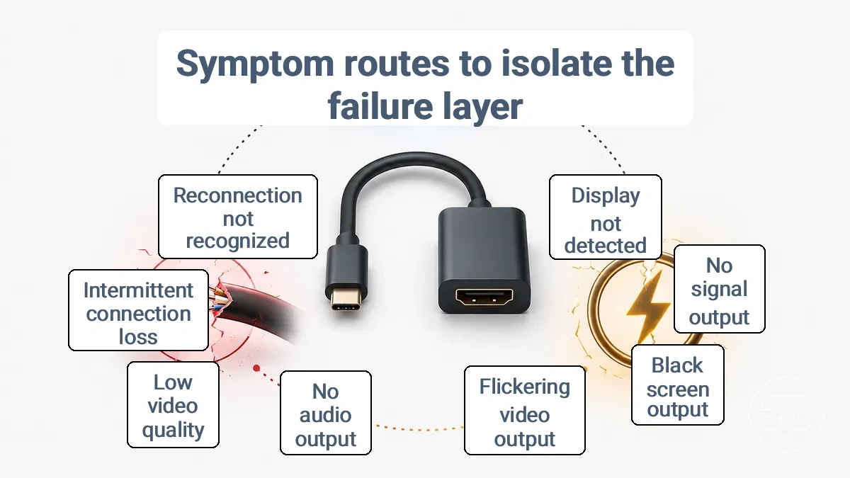Symptom-to-layer mapping for USB-C to HDMI troubleshooting