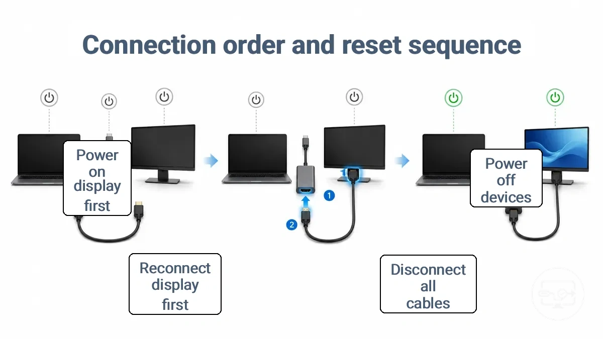 Step-by-step diagram showing the reconnection order for USB-C adapter, HDMI cable, and display to recover a stuck handshake.