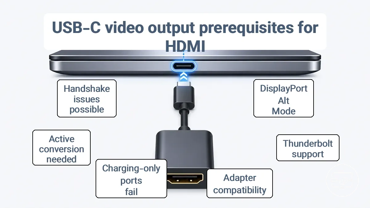 Annotated example showing common indicators of USB-C video output support needed for HDMI via an adapter.
