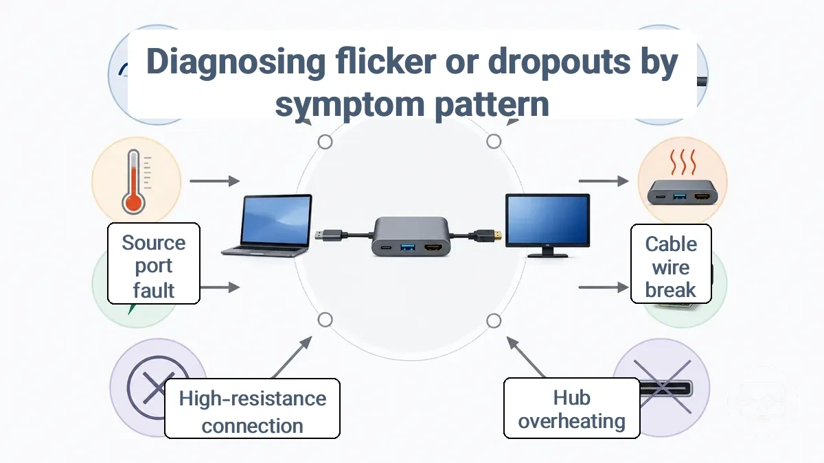 Annotated symptom-to-cause map showing trigger conditions (movement, heat, power events) pointing to likely failing link (cable, connector, hub) for flicker and dropouts.