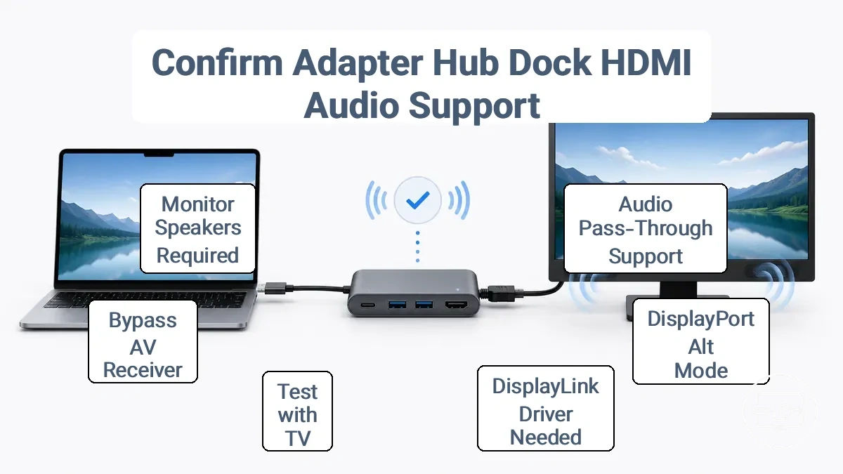 Checklist graphic for verifying adapter, hub, or dock HDMI audio support