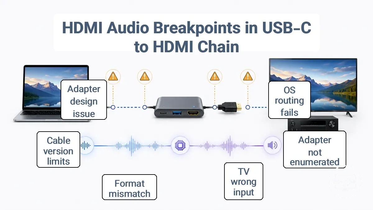Diagram showing where HDMI audio can break in a USB-C to HDMI connection: from OS to adapter/hub to TV/receiver.