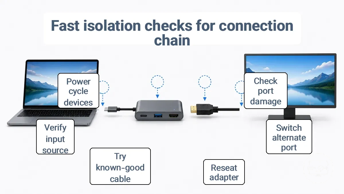 Diagram showing physical chain of USB-C port, adapter, HDMI cable, and display input selection points for isolation checks
