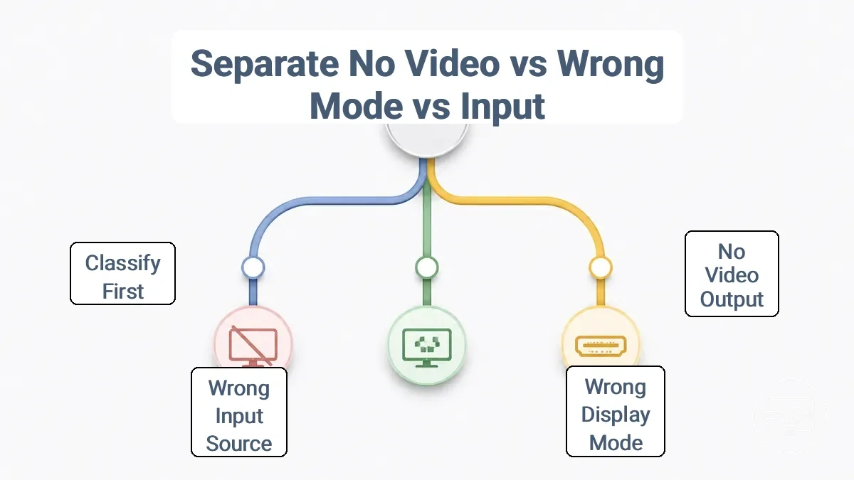 Decision tree classification of no video output, wrong display mode, and wrong input source buckets
