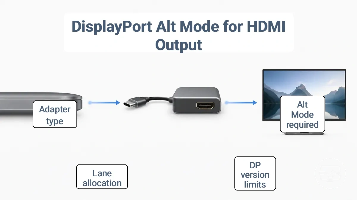 Diagram showing USB-C to DisplayPort Alt Mode adapter conversion to HDMI display
