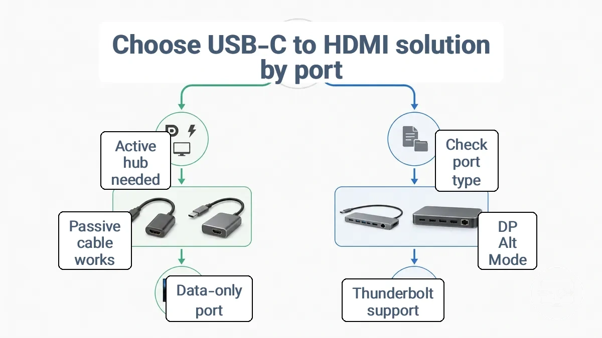 Decision tree: port capability leads to solution type for USB-C to HDMI connectivity.