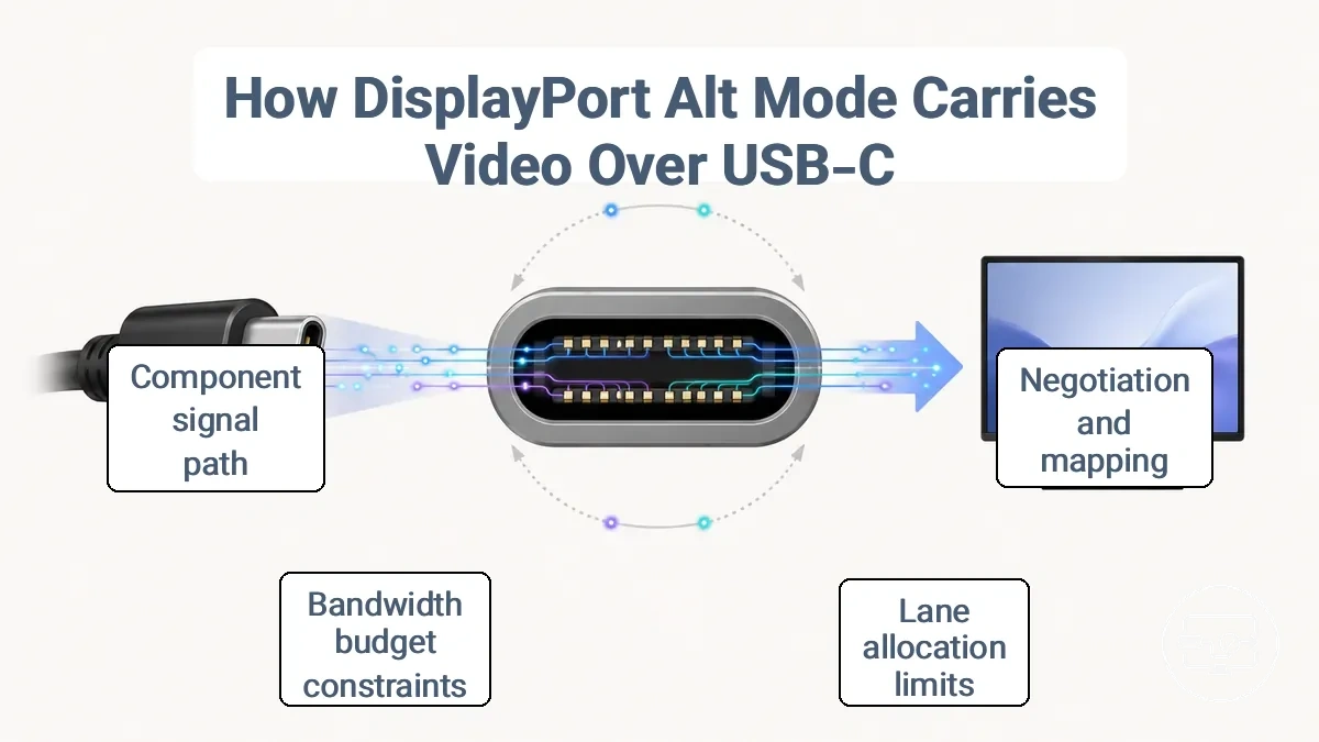 Signal path flow from USB-C device through DP Alt Mode and conversion to HDMI display