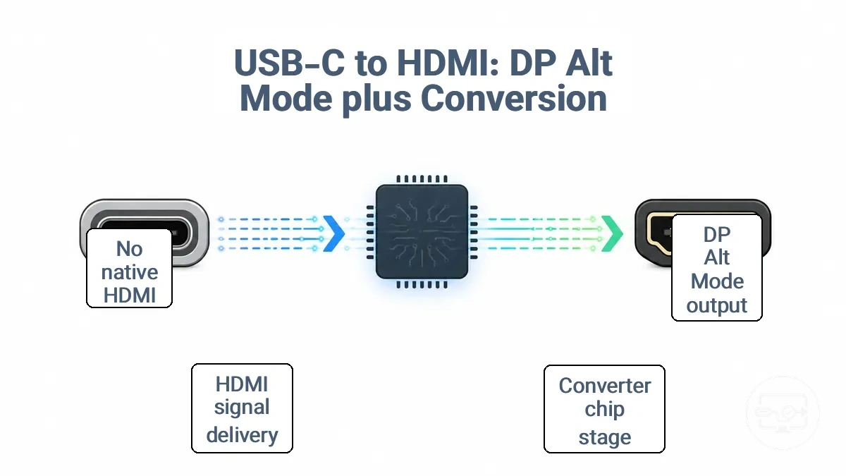 Diagram showing DP Alt Mode output from USB-C port and conversion to HDMI signal