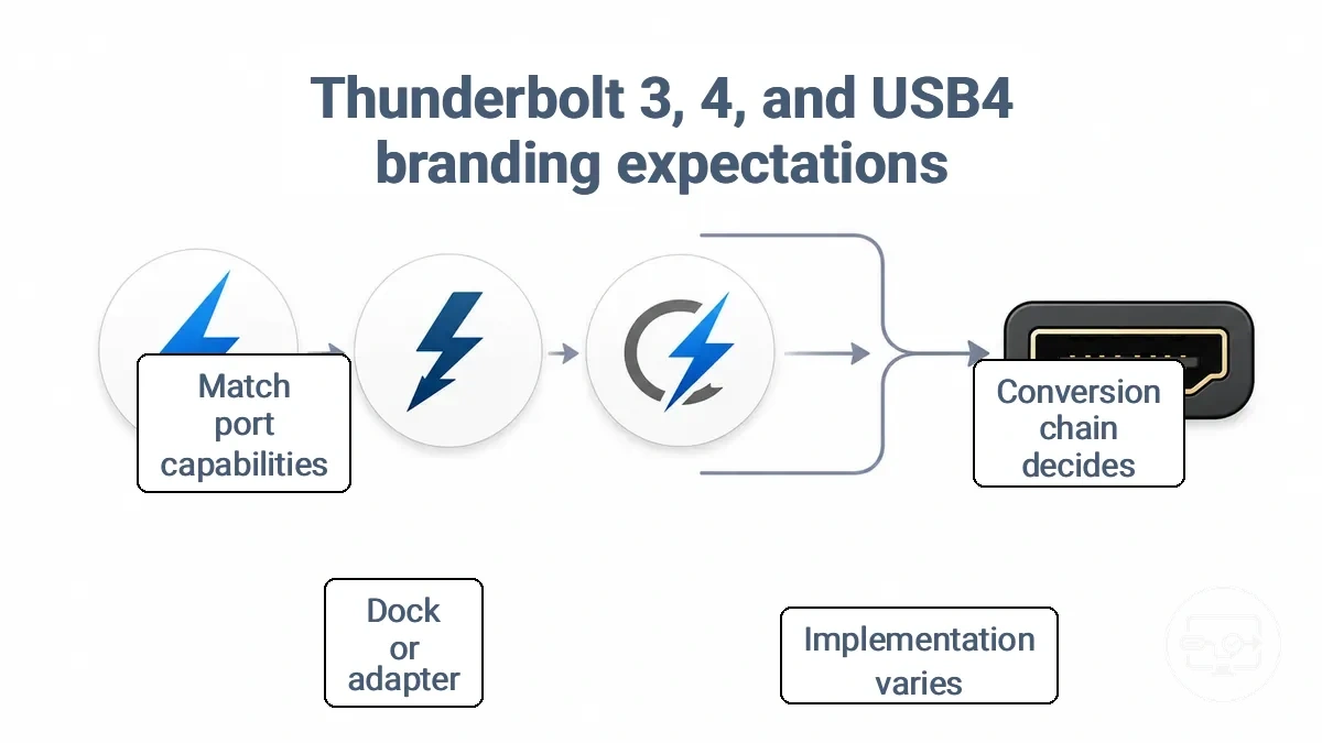 Comparison of Thunderbolt 3, Thunderbolt 4, and USB4 branding expectations for HDMI output, emphasizing the need to check the conversion chain.