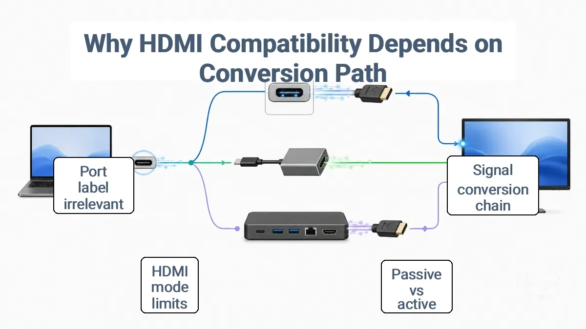 Diagram showing where HDMI signal conversion happens: at the port, inside a simple adapter, or inside a dock.