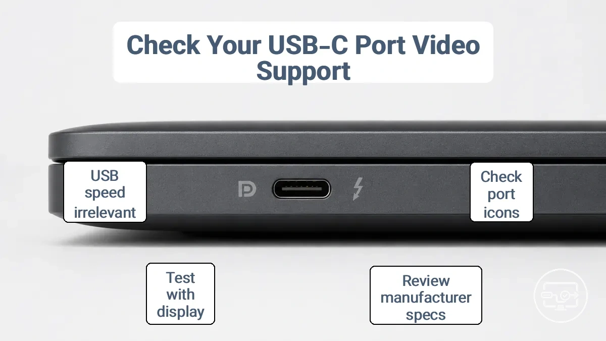 USB-C port with DisplayPort icon and Thunderbolt symbol on a laptop side panel