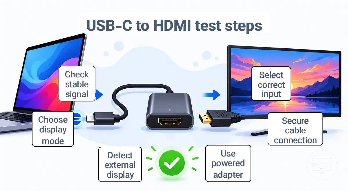 USB-C to HDMI test connection steps illustration