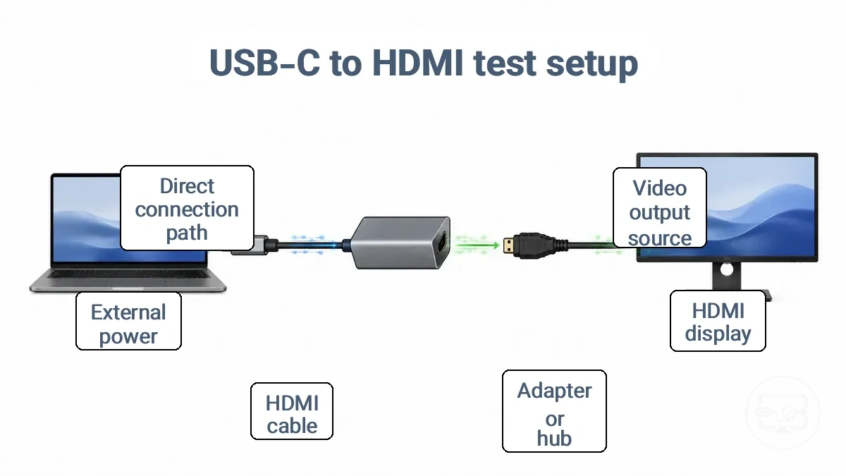 Diagram of a USB-C device connected through an adapter and HDMI cable to a monitor, showing the test signal chain.