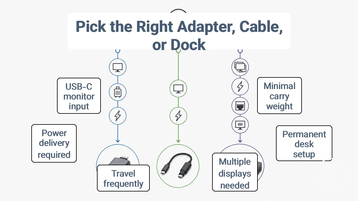 Decision tree for choosing between USB-C to HDMI adapter, cable, or dock based on user goals and setup environment