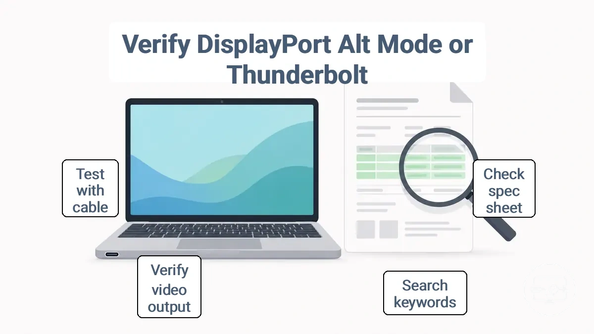 Annotated spec sheet example highlighting DisplayPort Alt Mode or Thunderbolt video output support for USB-C to HDMI compatibility.