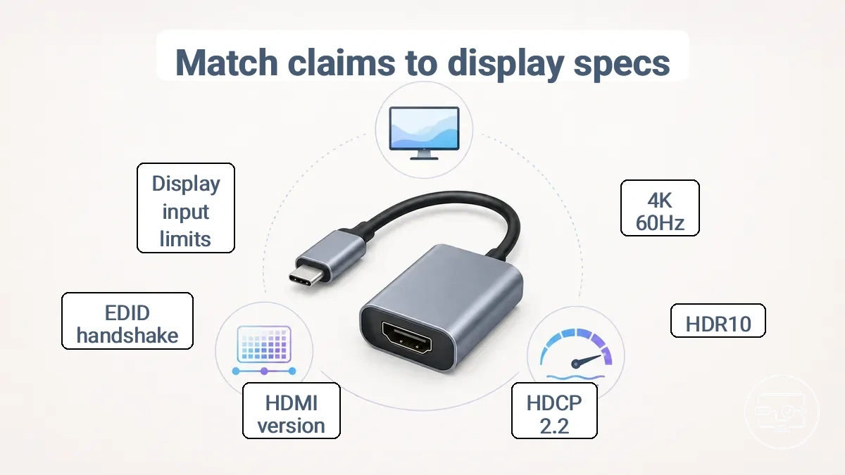 Comparison graphic showing USB-C to HDMI adapter performance claims and the specific display requirements to verify (4K 60Hz, HDR, HDCP).