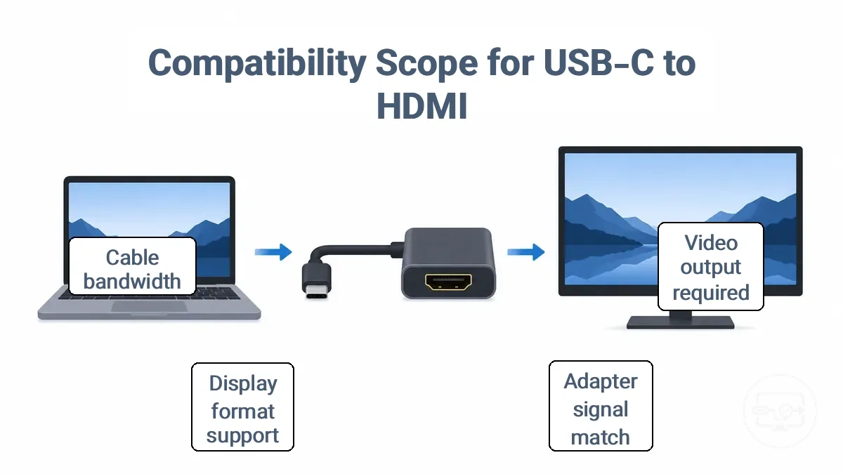 Diagram of the USB-C to HDMI compatibility chain showing source video output, adapter path, and HDMI display limits.