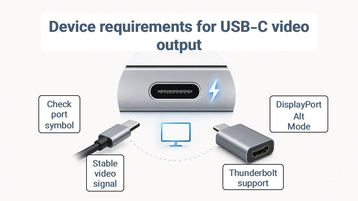 Diagram showing USB-C port capability signals for video output support