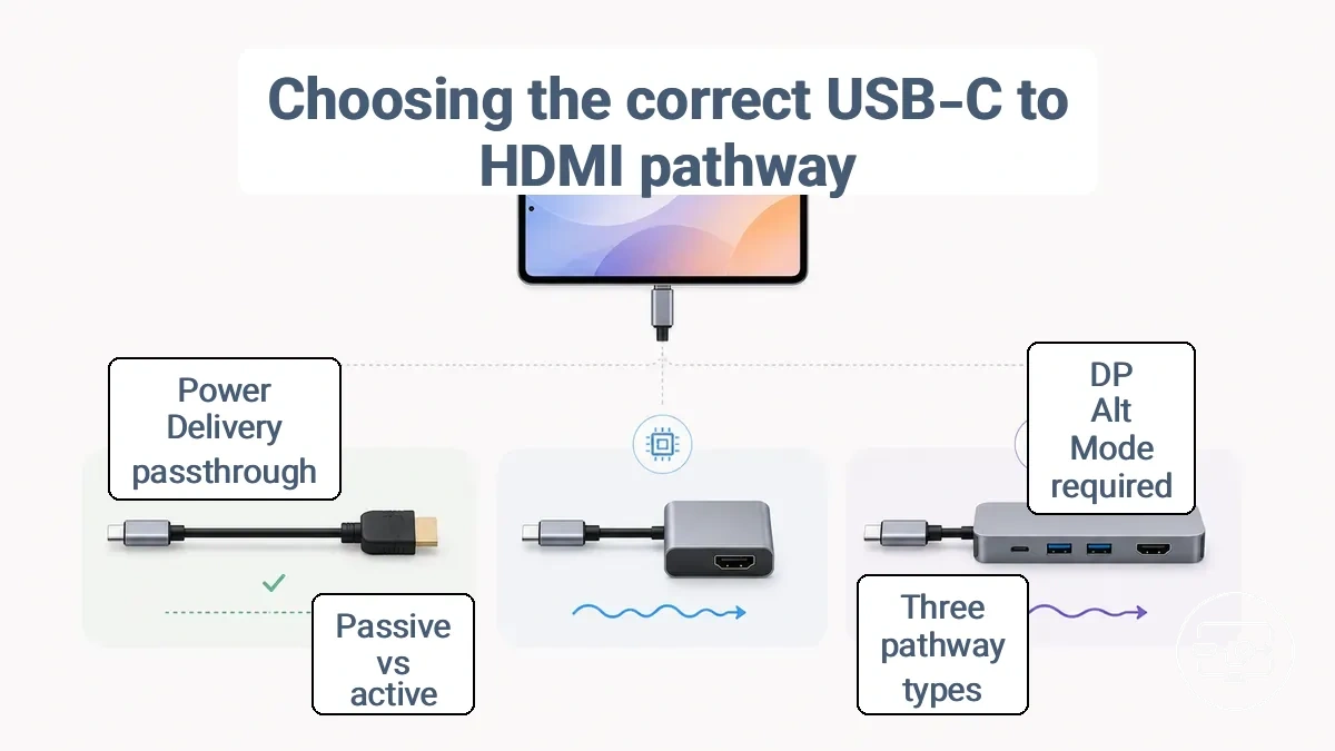 Comparison of USB-C to HDMI adapter, cable, and hub pathways with passive vs active conversion decision criteria