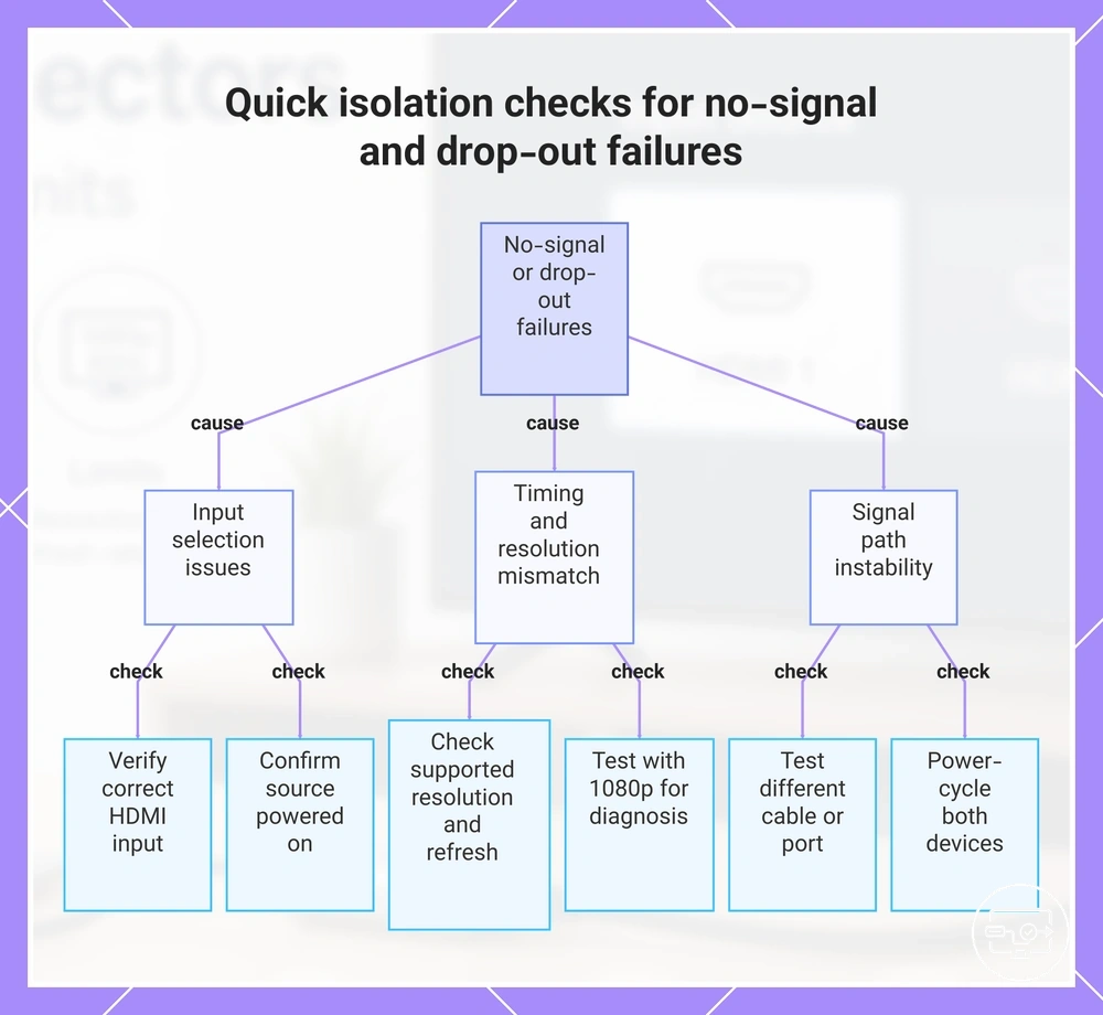 Quick isolation checks for no-signal and drop-out failures