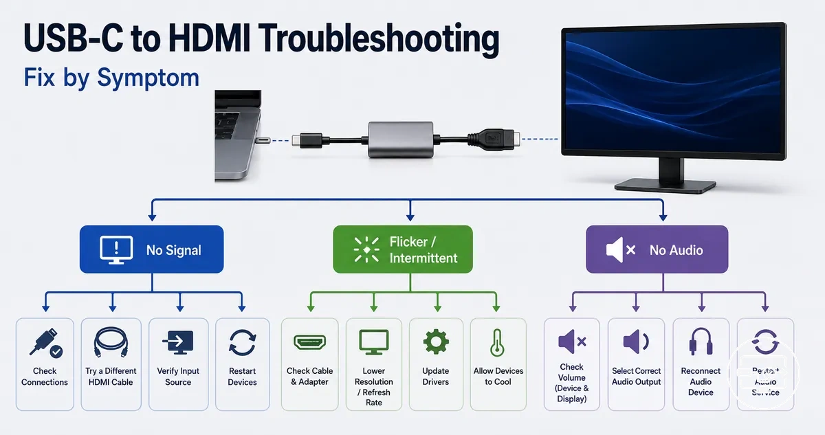 USB-C to HDMI compatibility troubleshooting flow by symptom such as no signal or flicker