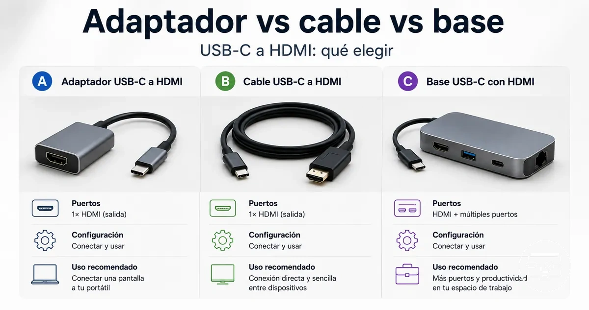 Comparativa de compatibilidad USB-C a HDMI entre adaptador, cable y base