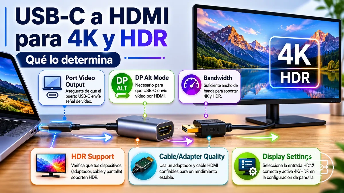 Compatibilidad USB-C a HDMI para 4K y HDR con requisitos de rendimiento