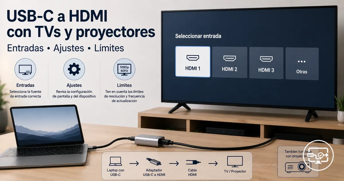 Compatibilidad USB-C a HDMI con una TV o proyector mostrando selección de entrada y conexión