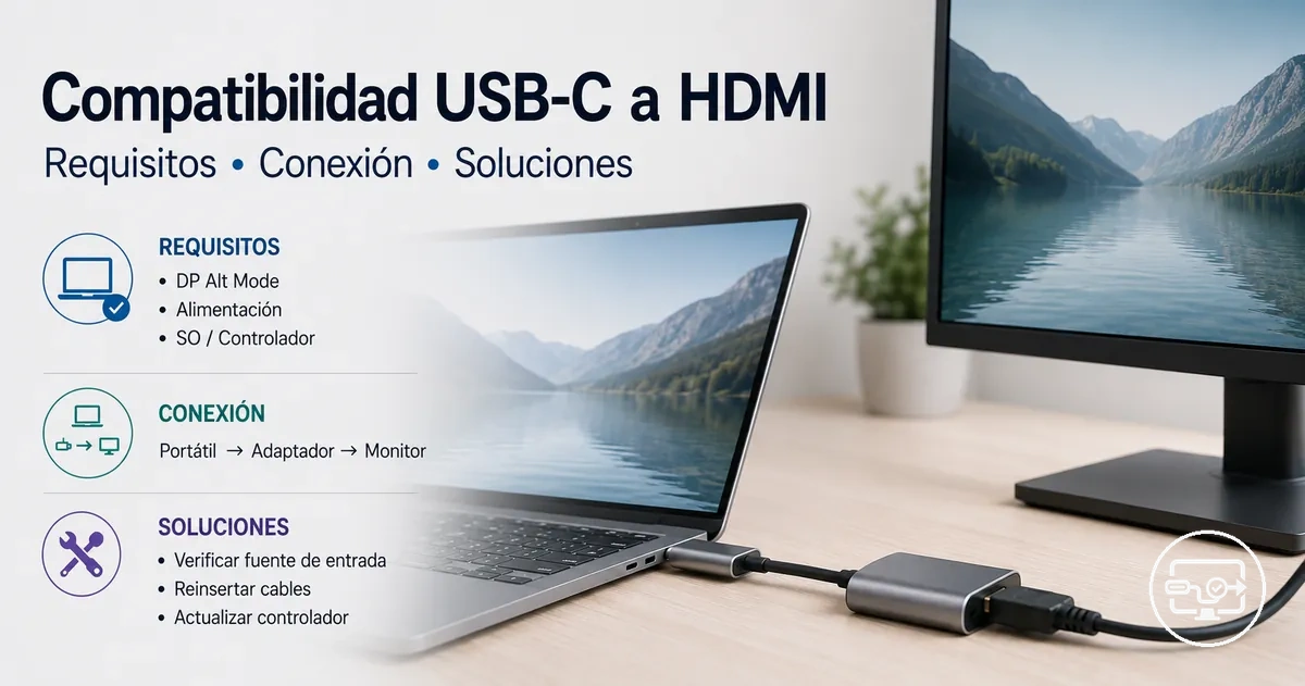 Resumen de compatibilidad USB-C a HDMI con requisitos, formas de conexión y soluciones habituales