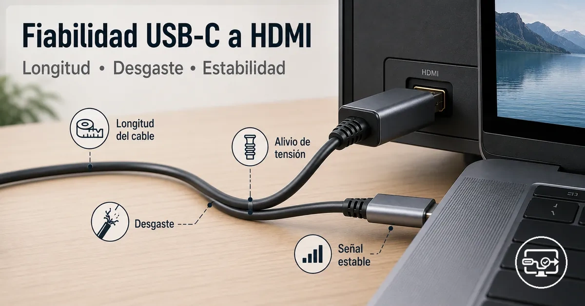 Fiabilidad de USB-C a HDMI con detalles de alivio de tension y estabilidad de conexion