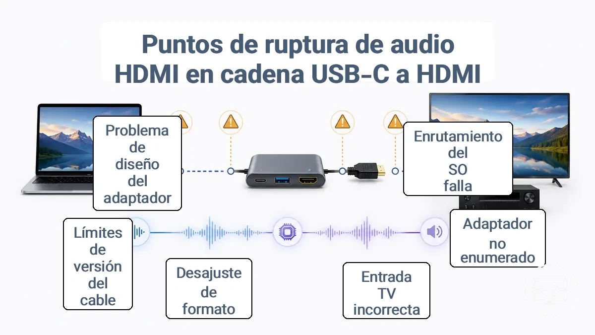 Diagrama que muestra dónde puede fallar el audio HDMI en una conexión USB-C a HDMI: desde el SO hasta el adaptador o concentrador y hasta el televisor o receptor.
