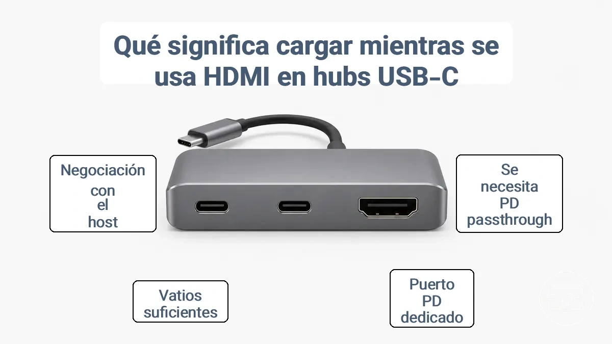 Diagrama que muestra el puerto HDMI, el puerto USB-C PD-in y el puerto USB-C del host en un concentrador típico