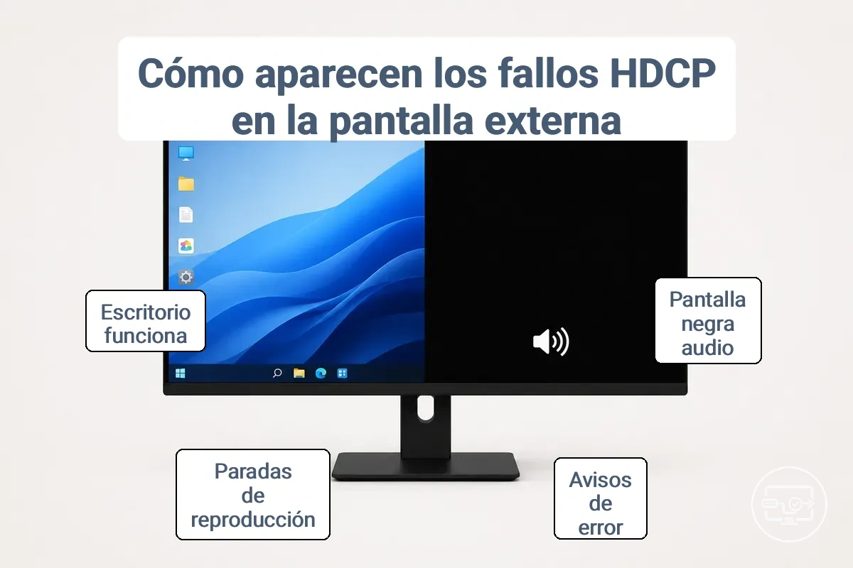Diagrama que compara los indicadores de bloqueo HDCP con los indicadores de ausencia de señal en una pantalla externa