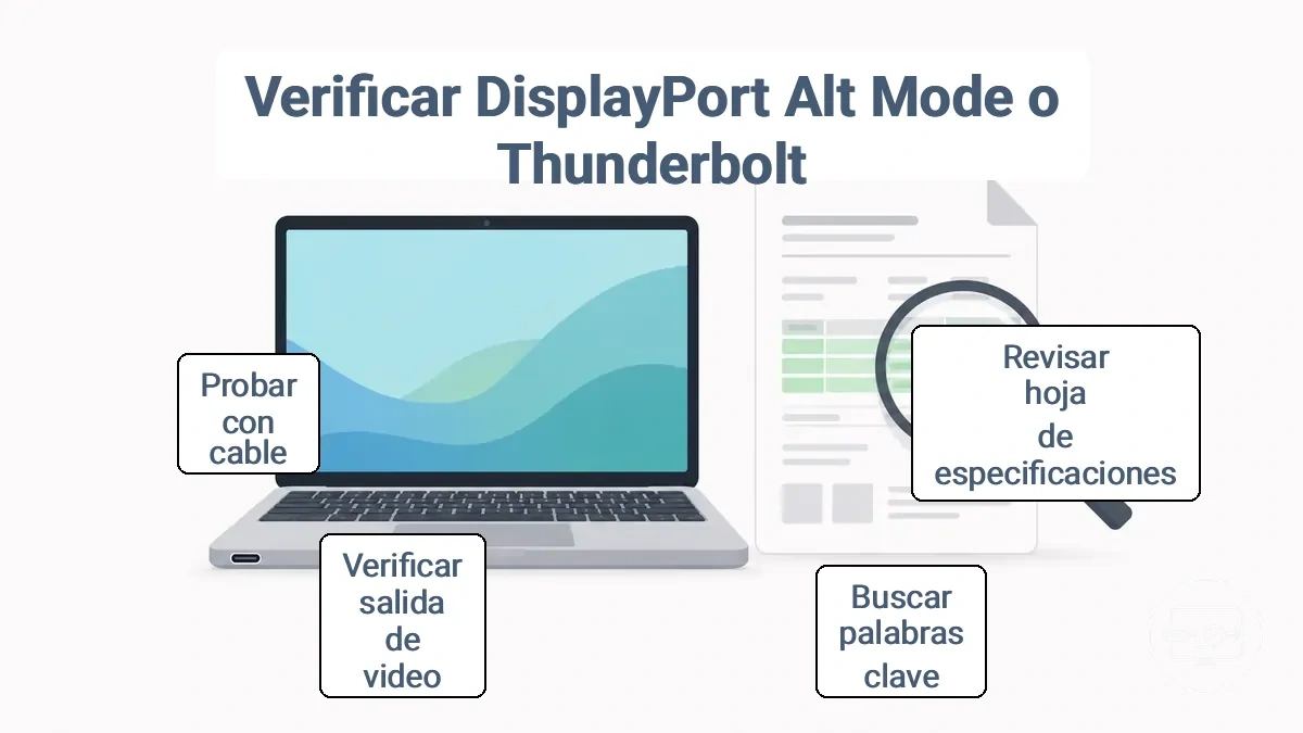 Ejemplo de hoja de especificaciones anotada que resalta la compatibilidad de salida de vídeo con DisplayPort Alt Mode o Thunderbolt para compatibilidad USB-C a HDMI.