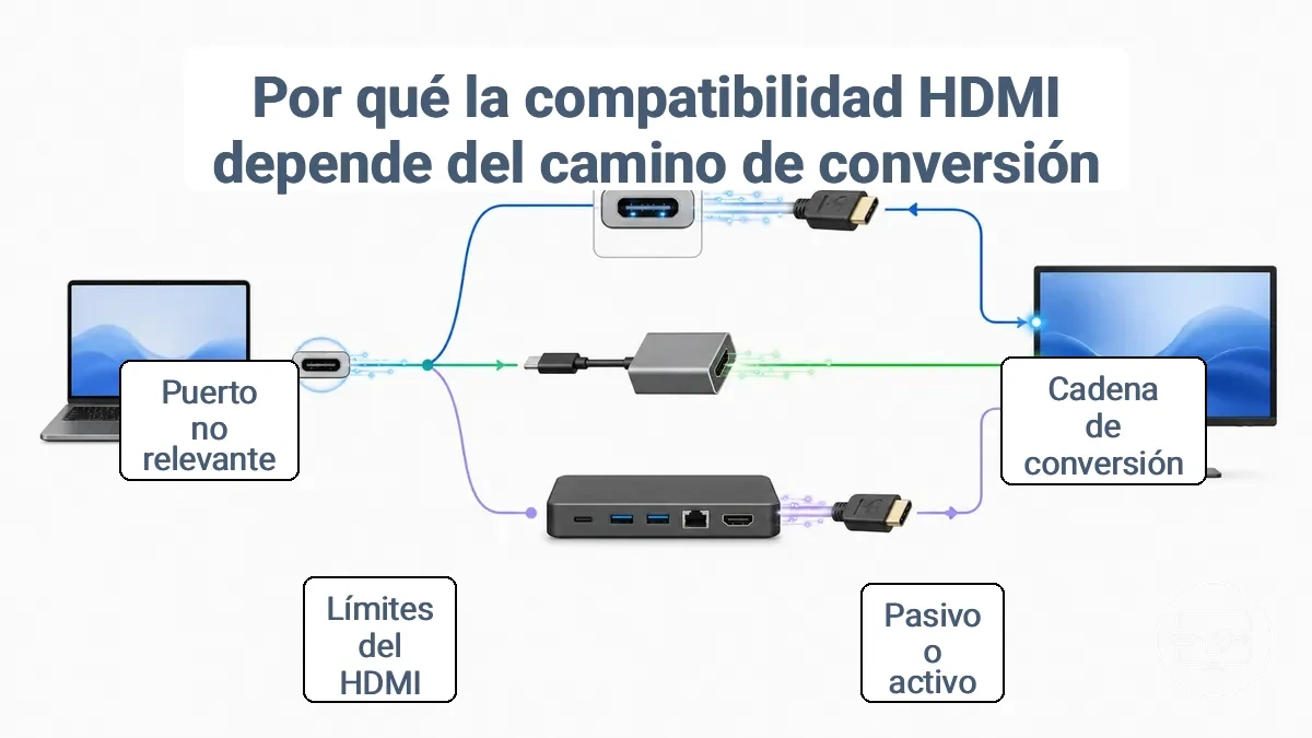 Diagrama que muestra dónde ocurre la conversión de la señal HDMI: en el puerto, dentro de un adaptador simple o dentro de una base.