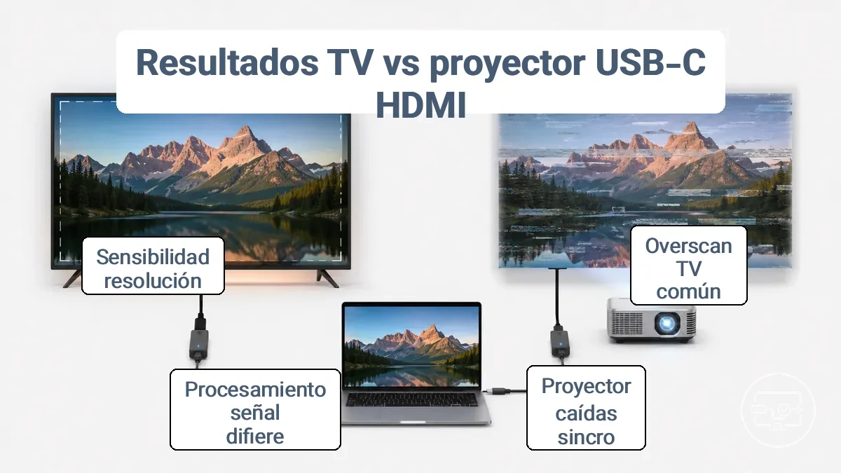 Diagrama que compara el manejo de señales USB-C a HDMI entre TV y proyector mostrando sobreexploración en TV y caídas de sincronización en proyector