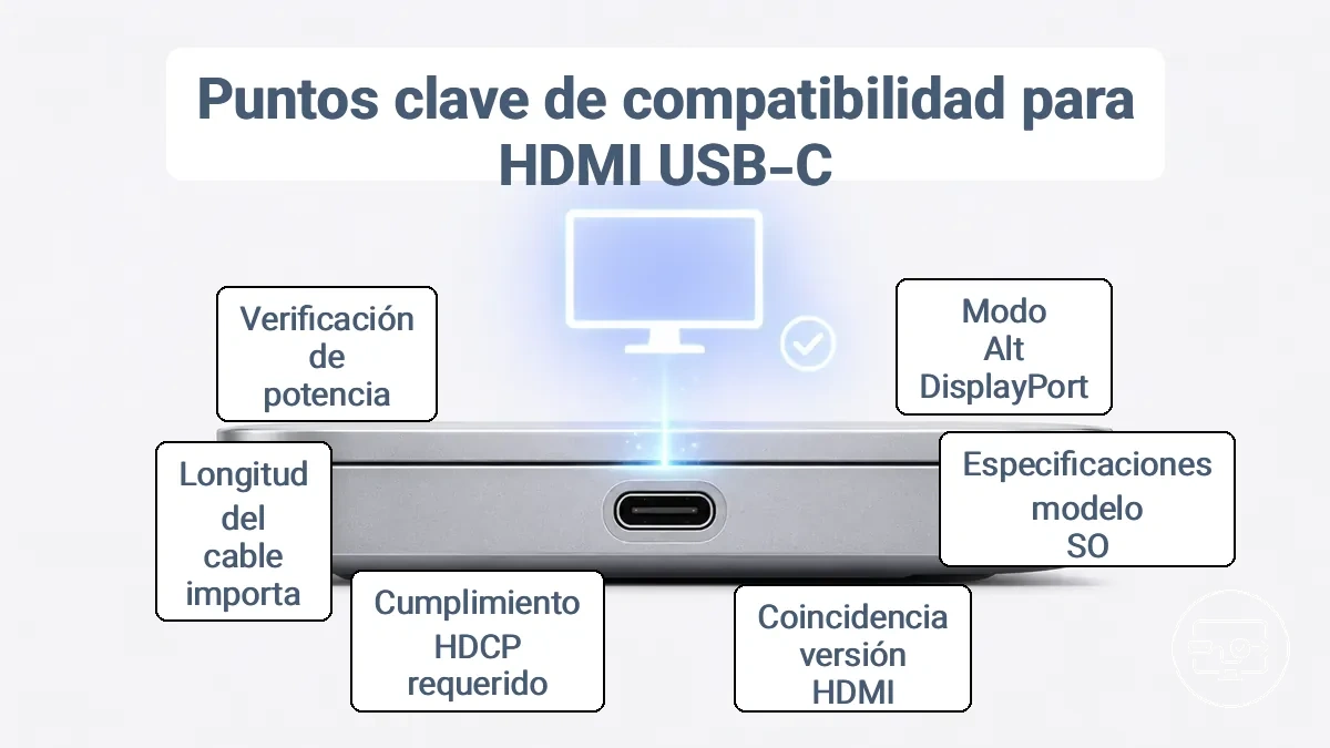 Guía visual de las marcas del puerto USB-C que indican compatibilidad con salida de vídeo