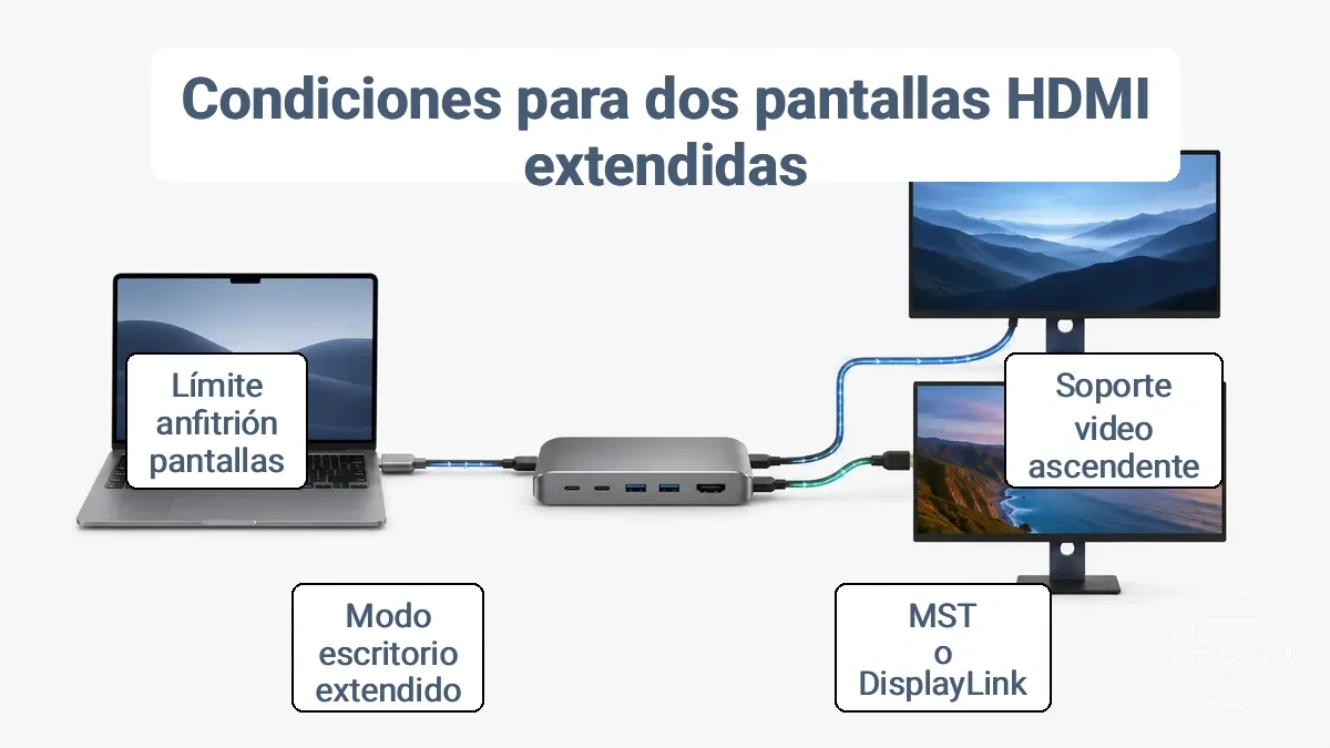 Condiciones de compatibilidad para concentrador USB-C con dos monitores HDMI extendidos
