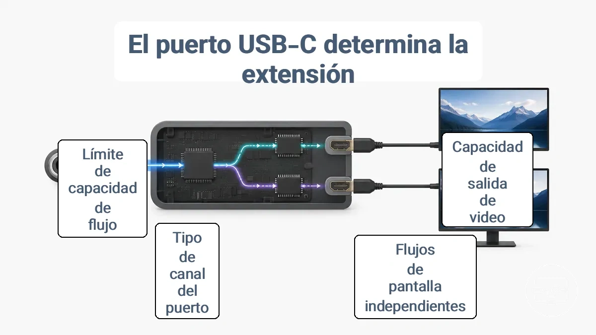 Diagrama que muestra cómo la capacidad de video del puerto USB-C y los flujos de video independientes afectan la extensión a dos monitores HDMI.