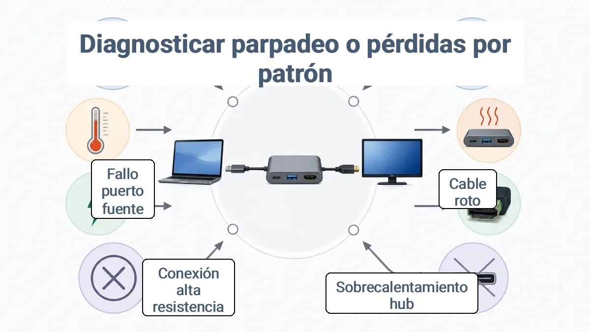 Mapa anotado de síntomas a causas que muestra las condiciones desencadenantes (movimiento, calor, eventos de alimentación) que señalan el eslabón probablemente defectuoso (cable, conector, concentrador) para parpadeos y cortes.