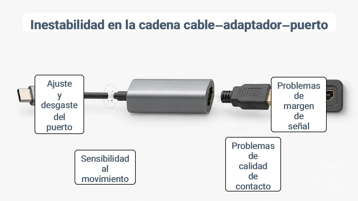 Diagrama de la cadena cable–adaptador–puerto USB-C a HDMI que muestra los puntos de inestabilidad relacionados con el margen y el contacto