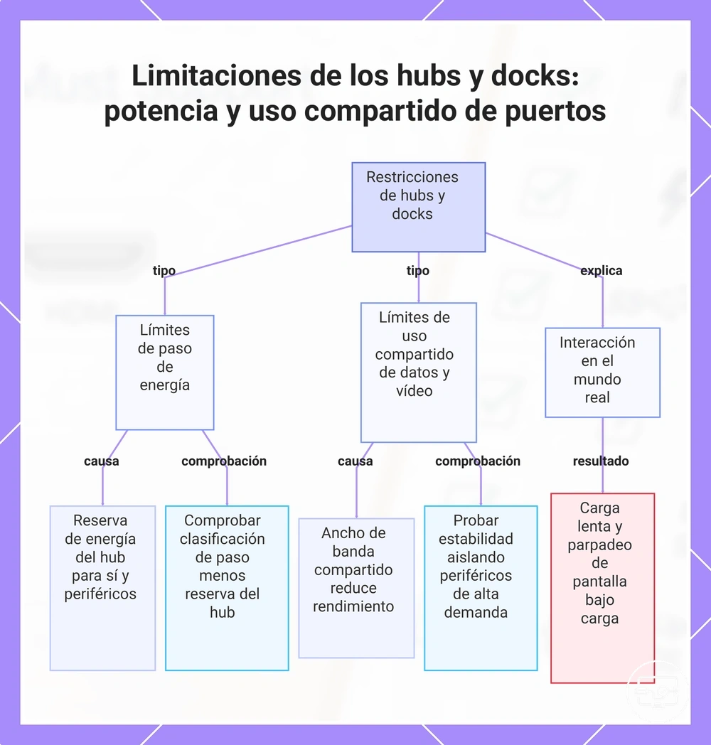Limitaciones de los hubs y docks: potencia y uso compartido de puertos